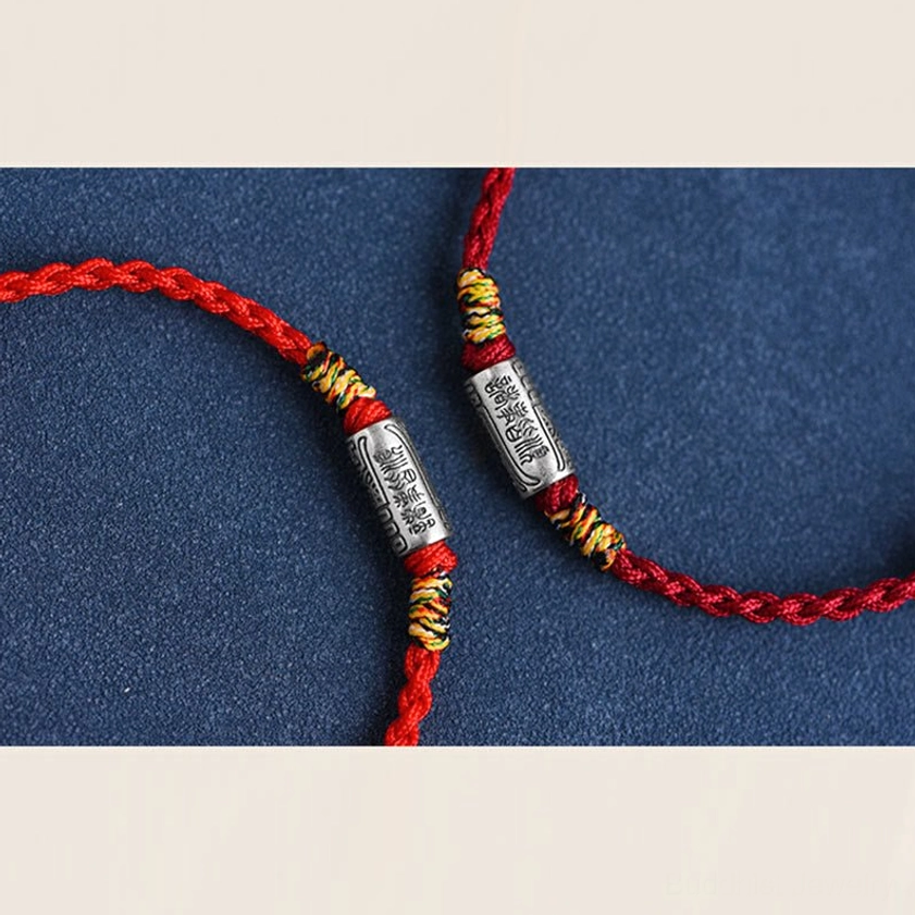 Buddhist string bracelet anklet size options displayed, showing how silver charm adapts to both wrist and ankle circumferences