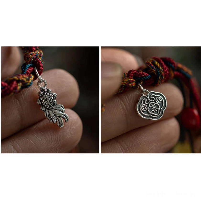 Buddhist protection bracelet artisan craftsmanship showing natural materials, braided cord construction and silver charm details