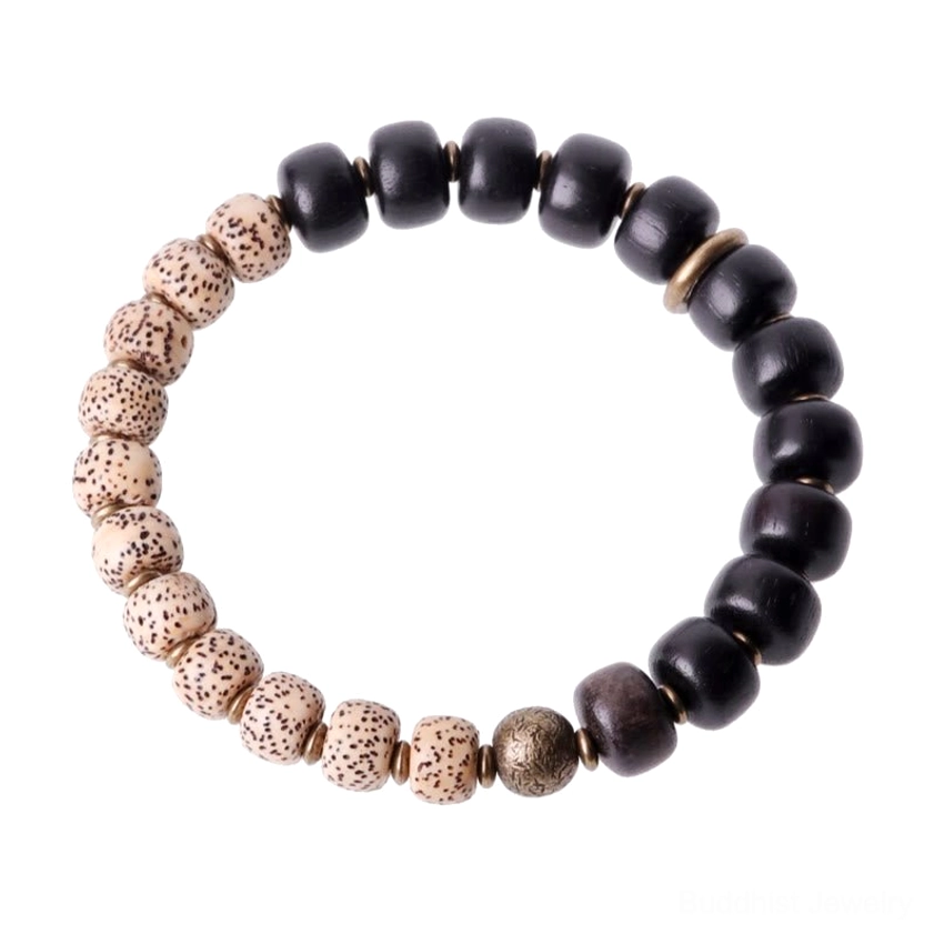 Buddhist peace bracelet with natural bodhi seeds and black stone beads size comparison flat lay