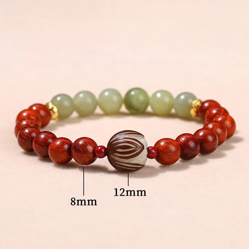 Complete rosewood and cyan jade Buddhist bracelet with 8mm and 12mm bead size specifications on light background