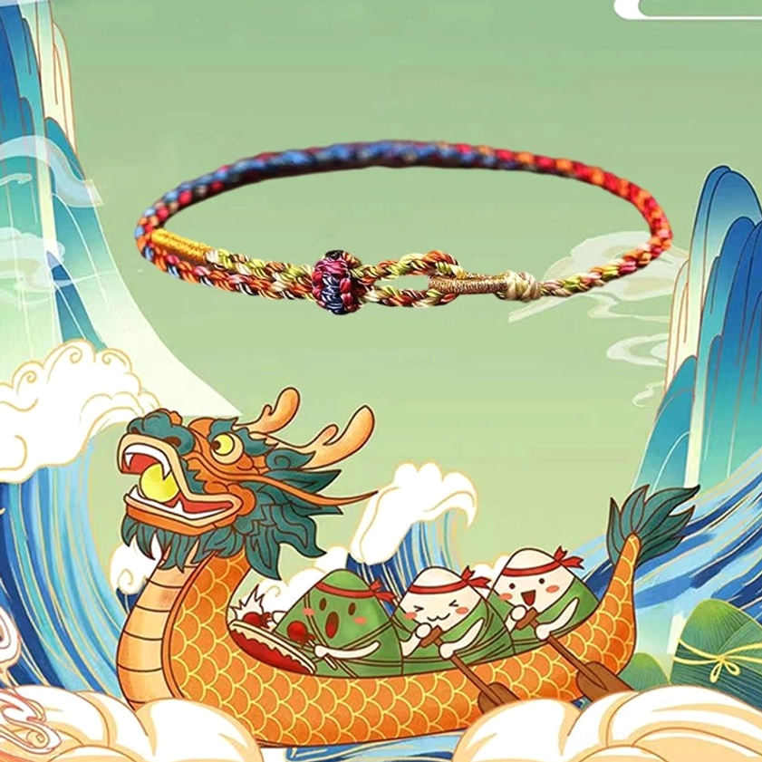 Lucky multicolor Buddhist bracelet with red, blue and gold threads and decorative knot, Dragon Boat Festival inspired design