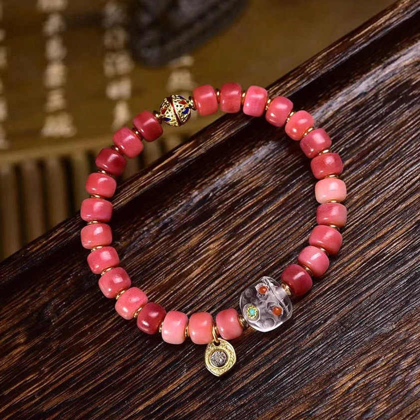 Buddhist bracelet camel bone red agate copper handmade artisan crafted spiritual jewelry
