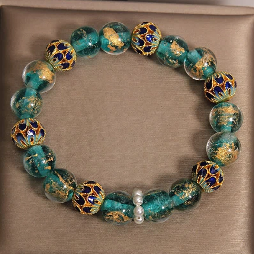 Buddhist bracelet packaging luxury gift box with Liuli glass cloisonné beads and pearl details