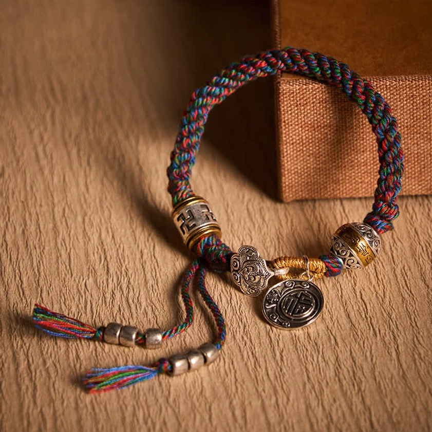 Buddhist Braided Rope Bracelet Multicolor Close-up Detail View