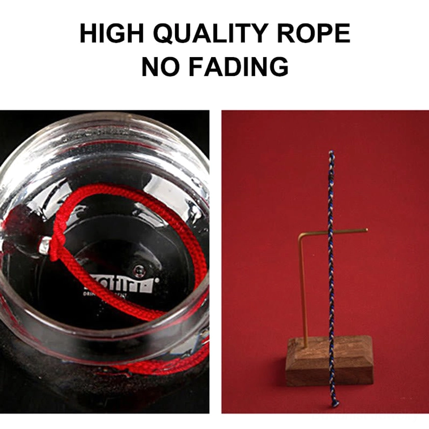 Quality assurance display for Buddhist string bracelet showing fade-resistant rope testing and durability verification