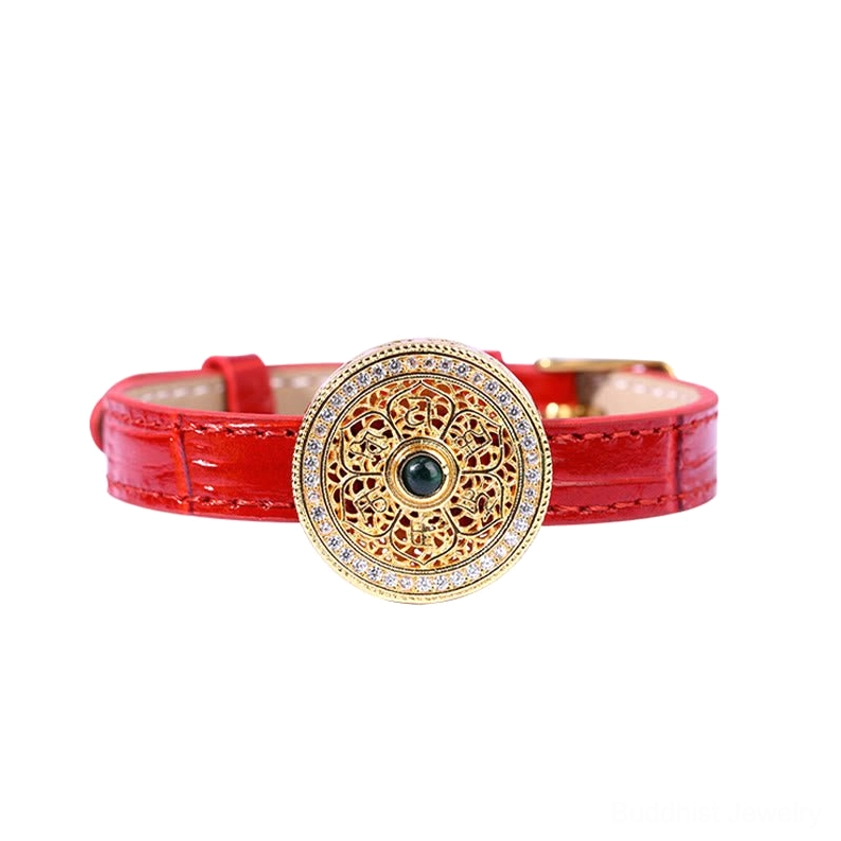 Minimalist side view of Om Mani Padme Hum leather bracelet with simple hollow gold charm and central green jade stone