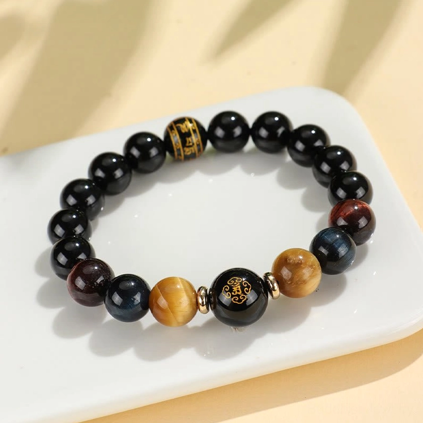 Black onyx tiger eye Buddhist bracelet size and dimension reference with wrist circumference 14-16cm