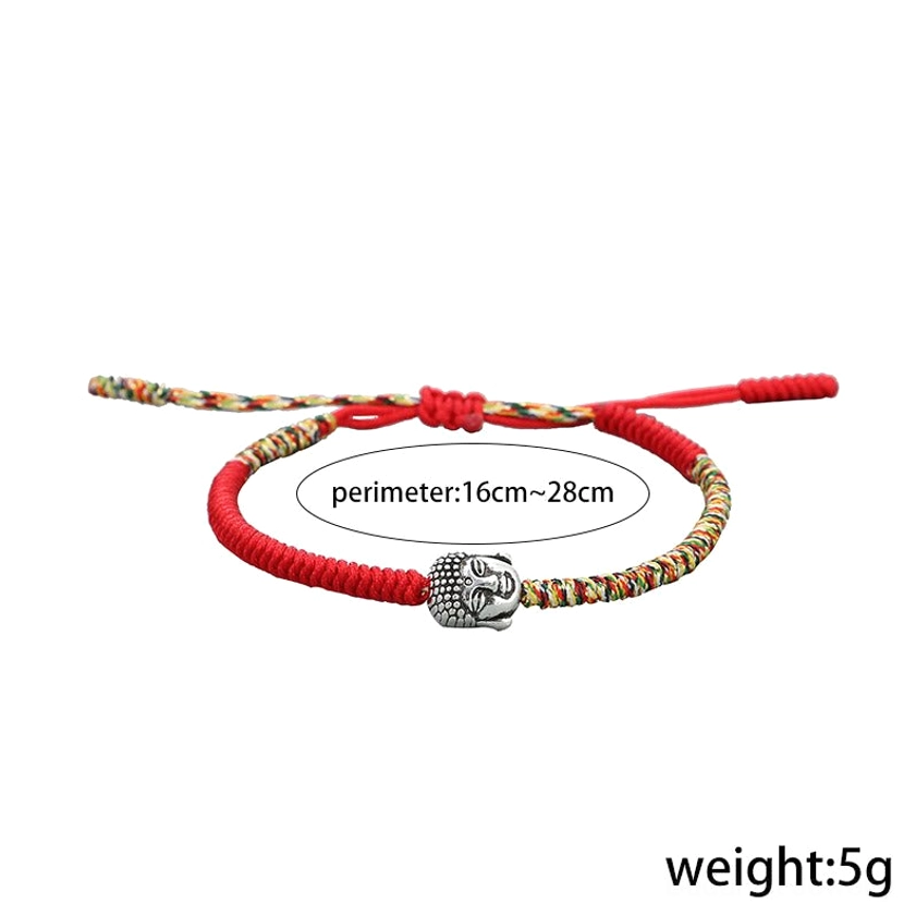 Buddhist King Kong knot wrist bracelet showing 16-28cm size range, 5g weight and mixed woven rope materials