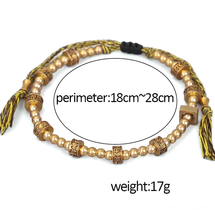 Buddhist mantra bracelet specifications showing perimeter 18-28cm, 17g weight, bronze and beige color scheme
