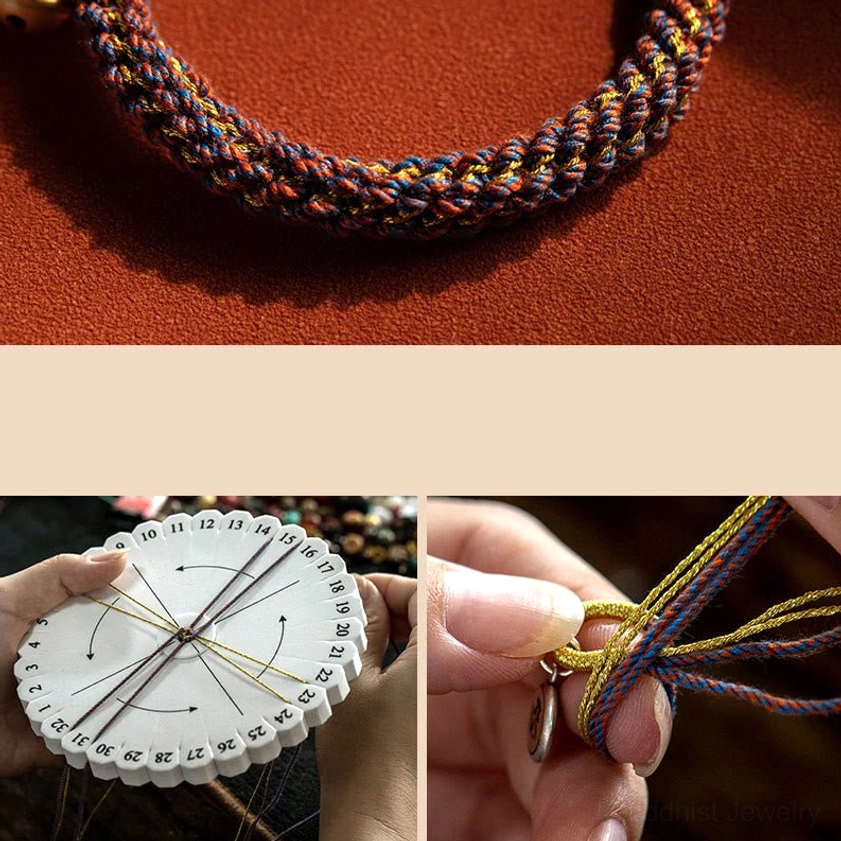Buddhist bracelet sizing guide chart and artisan hand-braiding the protective red cord step-by-step