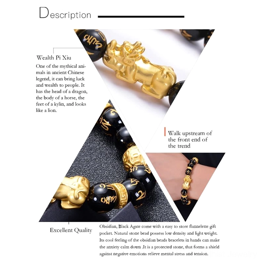 Buddhist bracelet specifications infographic showing bead close-ups, sizing details, and product measurements