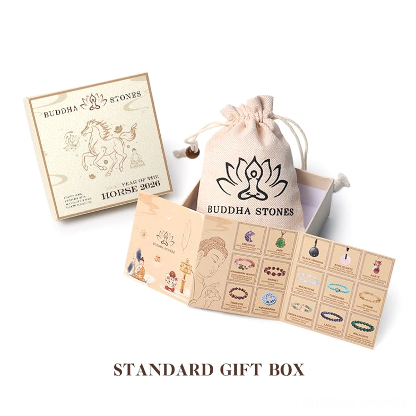 Standard gift box set for Buddhist blessing bracelet with branded drawstring bag and instruction booklet on white background
