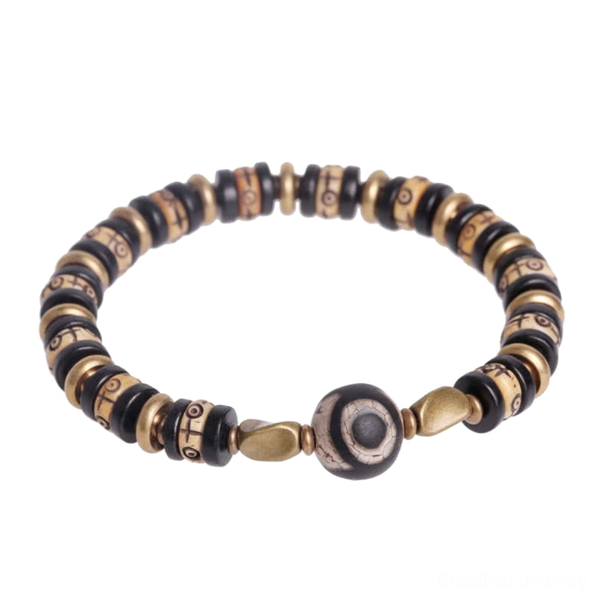 Buddhist Dzi bead bracelet on clean white background showing circular structure with central eye bead and mixed dark brown bronze tones