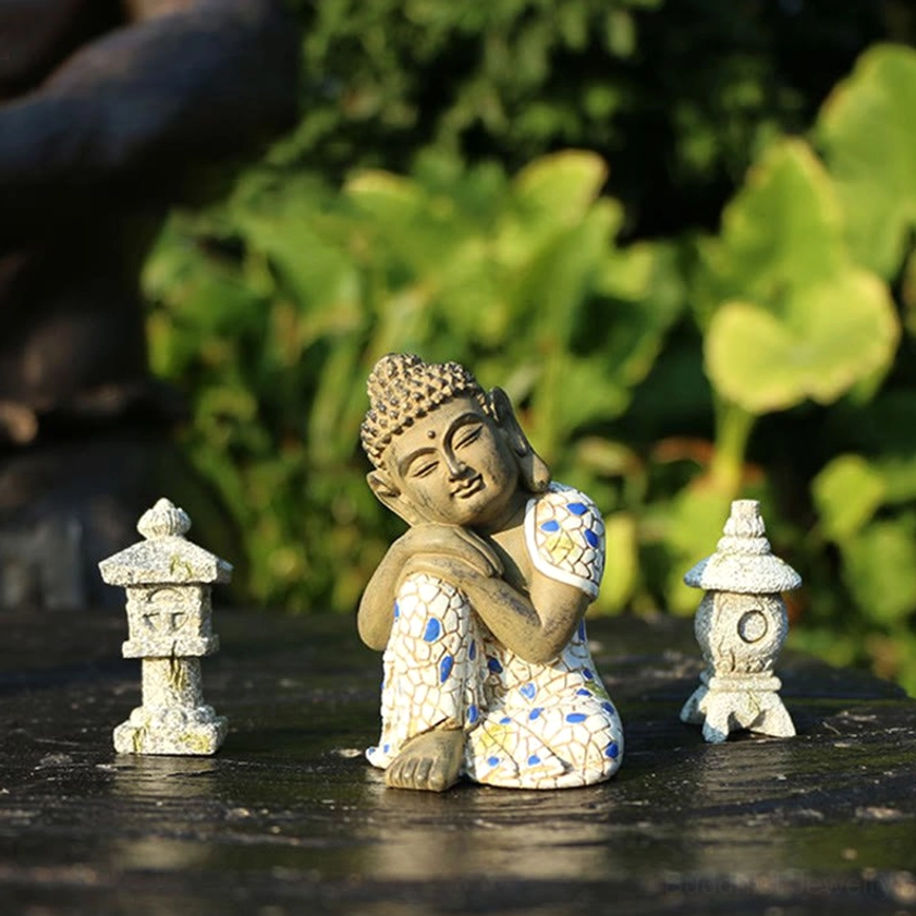 Handcrafted Buddhist Buddha figurine with mini lantern accessory, perfect spiritual home decoration piece