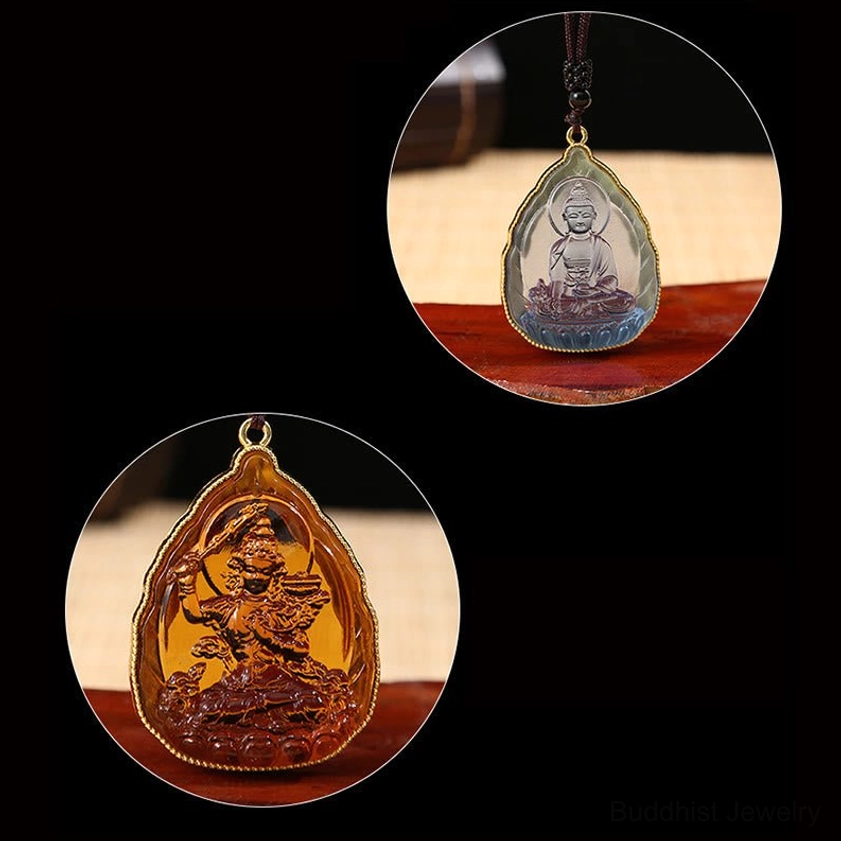 Buddhist Buddha pendant necklace product lifestyle shot showing how to wear the crystal pendant for daily meditation and spiritual mindfulness practice
