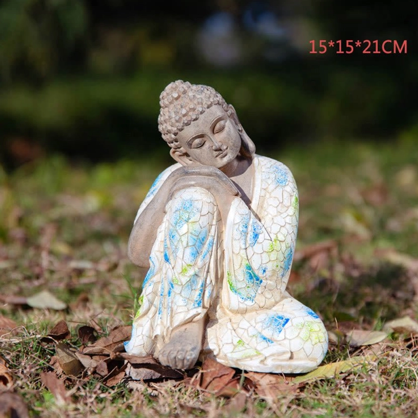 Buddhist Buddha resin figurine displaying peaceful enlightenment, spiritual home decoration for mindfulness