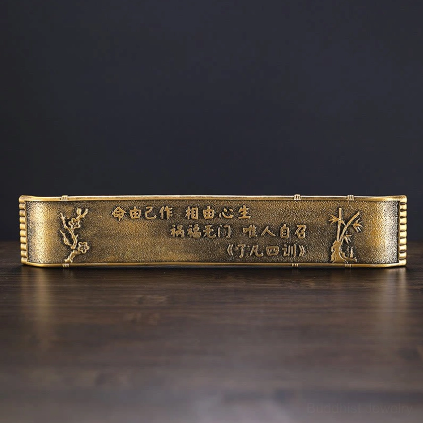 Buddhist bamboo raft incense holder with engraved calligraphy, flower and bamboo patterns in antique bronze finish