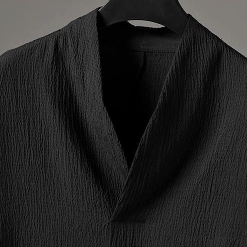 Zen Buddhist linen mens casual set black three-quarter sleeve shirt relaxed fit black pants