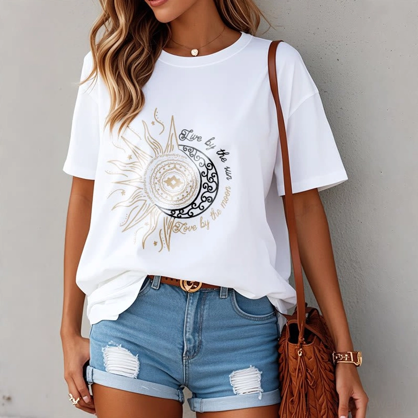 Woman wearing white Live by the Sun Love by the Moon Buddhist tee casual indoor styling