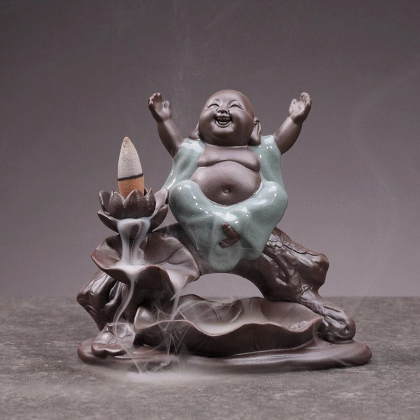 Handcrafted Buddhist ceramic backflow incense burner with Maitreya Buddha, brown ceramic base with celadon glaze, indoor tabletop meditation décor with flowing incense smoke waterfall effect