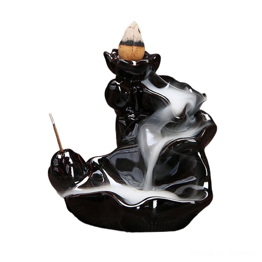 Glossy black ceramic backflow incense holder with lotus waterfall design, front angled view on white background