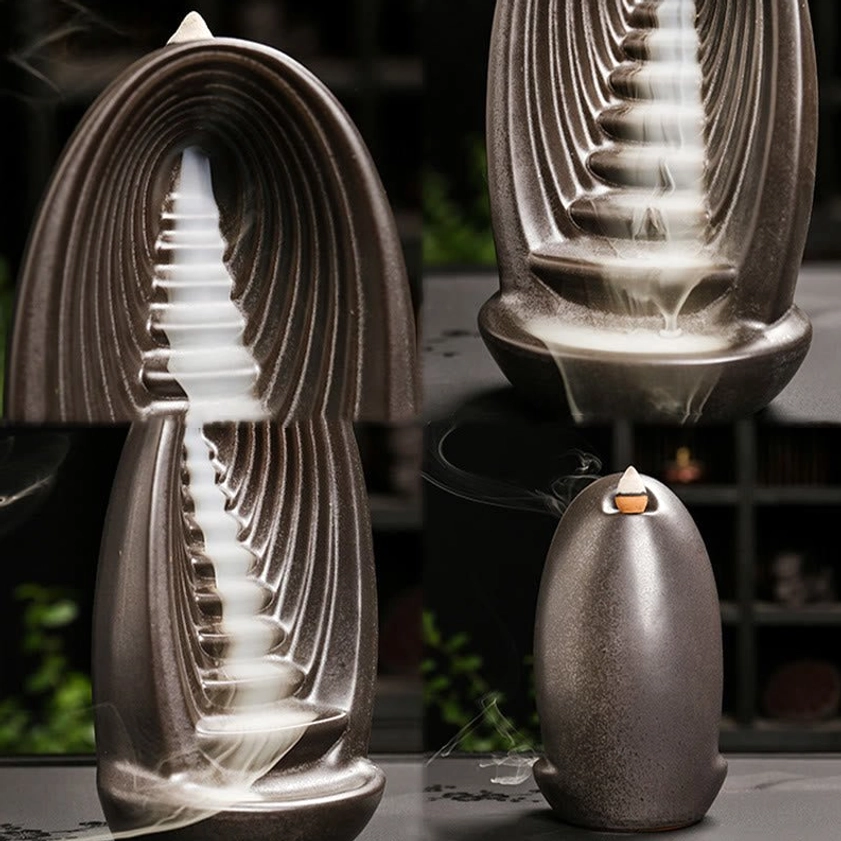 Complete collection of three Buddhist ceramic backflow incense burners - Pagoda Stairs, Mountains Water, and Buddha Hand designs in matte dark brown ceramic
