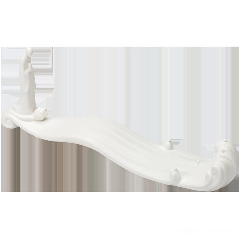 White ceramic Buddhist incense burner front view with clear monk figurine and wave design