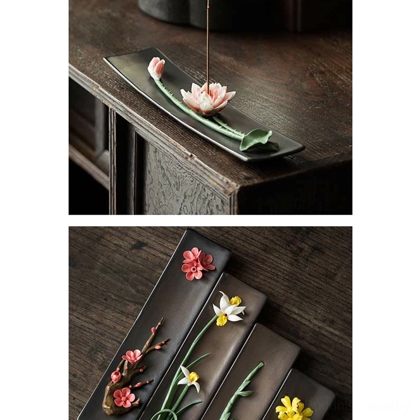 Buddhist inspired ceramic incense burner with natural floral elements, peaceful atmosphere creation