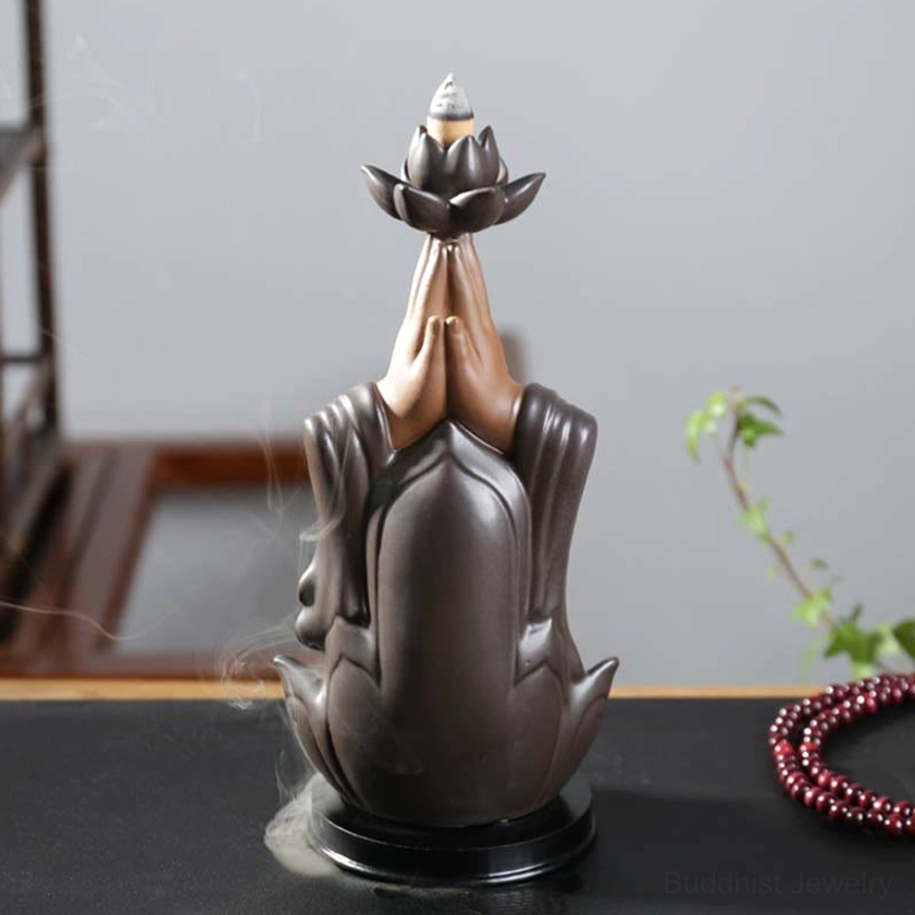 Buddhist Ceramic Incense Burner - Rear View Showing Matte Ceramic Finish and Lotus Top Design