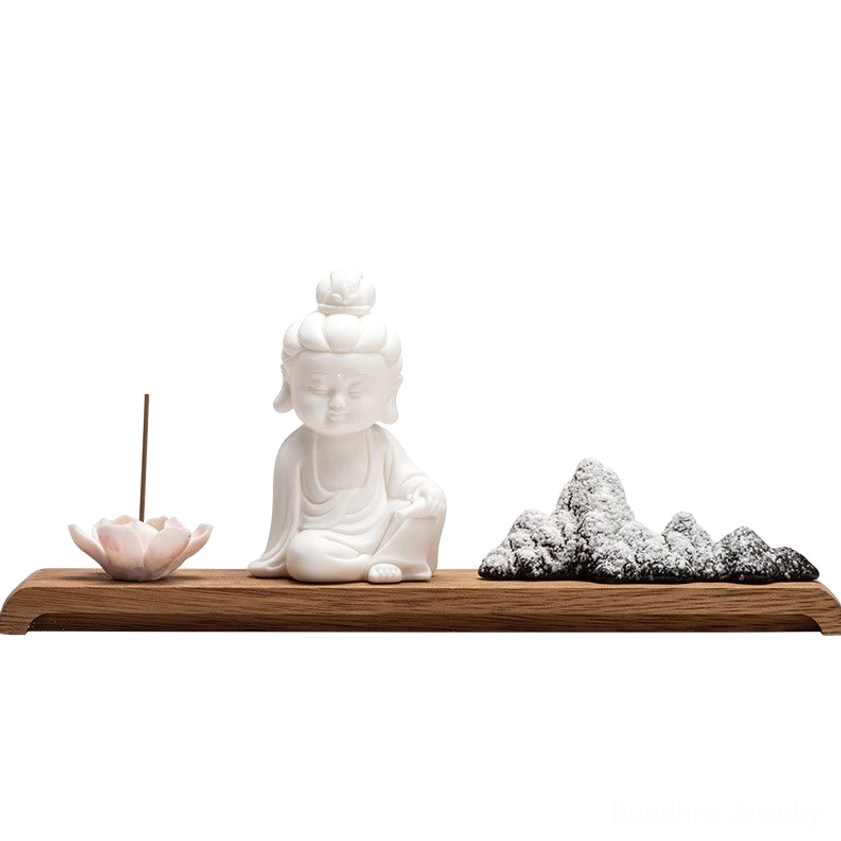 Buddhist ceramic incense burner with lotus holder and meditation figurine set for mindfulness practice