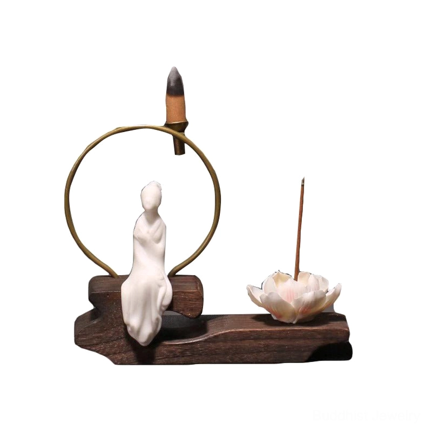 Decorative Buddhist incense burner with ceramic lotus design, handmade spiritual meditation and aromatherapy piece