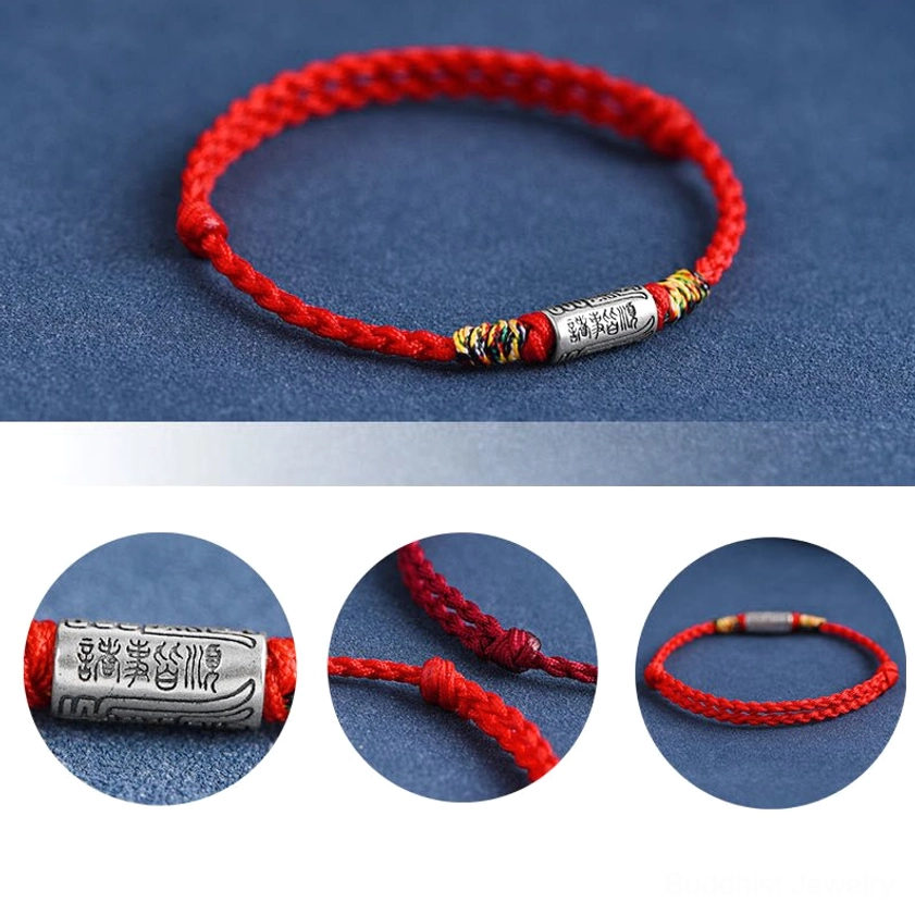 Buddhist blessing bracelet with sterling silver charm showing everything goes well design, detail view of engraved characters and rope attachment