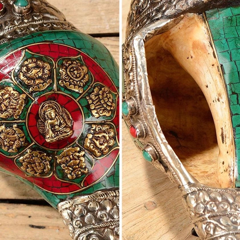Handmade Buddhist Shankha conch ornament for meditation altar and spiritual sanctuary, featuring authentic turquoise and gemstone accents