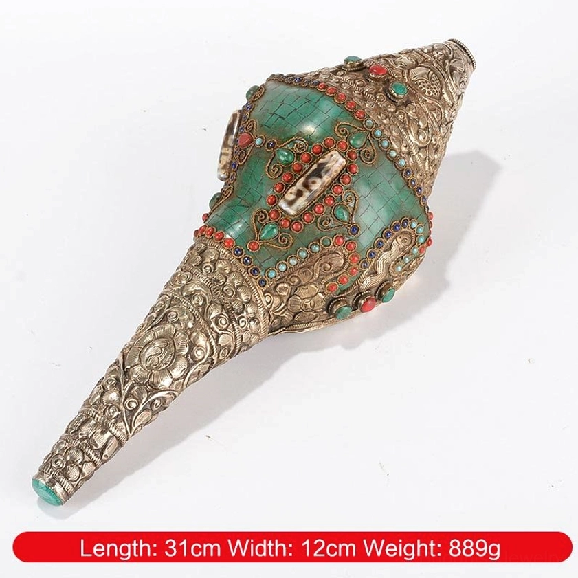 Single Buddhist Shankha conch decoration side top view with measurement label, showing engraved long decorative silver piece with gemstone inlay