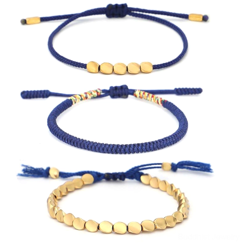 Three distinct copper bracelet styles with flat beads and woven bands on plain light background