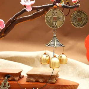 Chinese lucky copper wind chime with Zhao Jin Cai bronze coin and dragon pattern, featuring 3 brass bells and pavilion hanger for wealth attraction