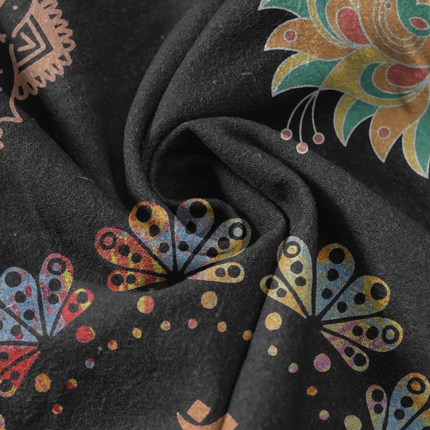 100% Natural Cotton Fabric Close-up Woven Texture Buddhist Mandala Print Black Base Multicolor