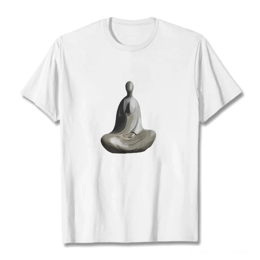 White Buddhist t-shirt with formless Buddha silhouette print minimalist design flat lay