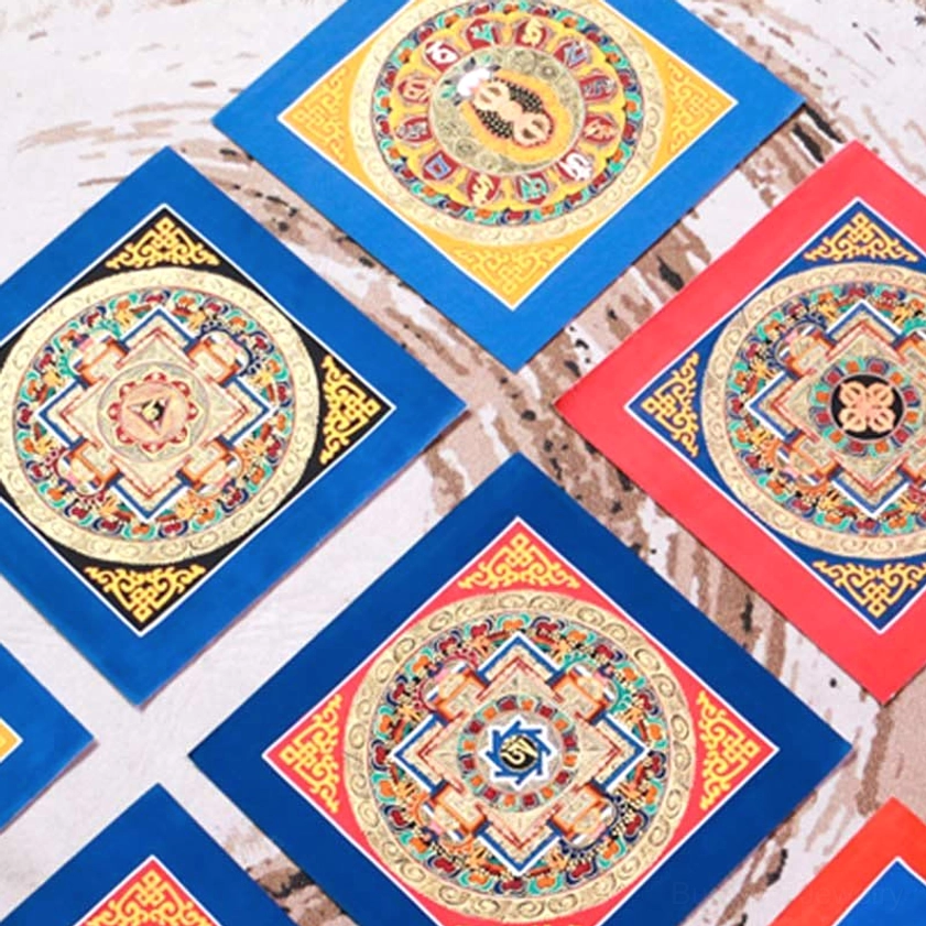 Buddhist thangka painting featuring intricate deity mandala design with colorful sacred geometry patterns