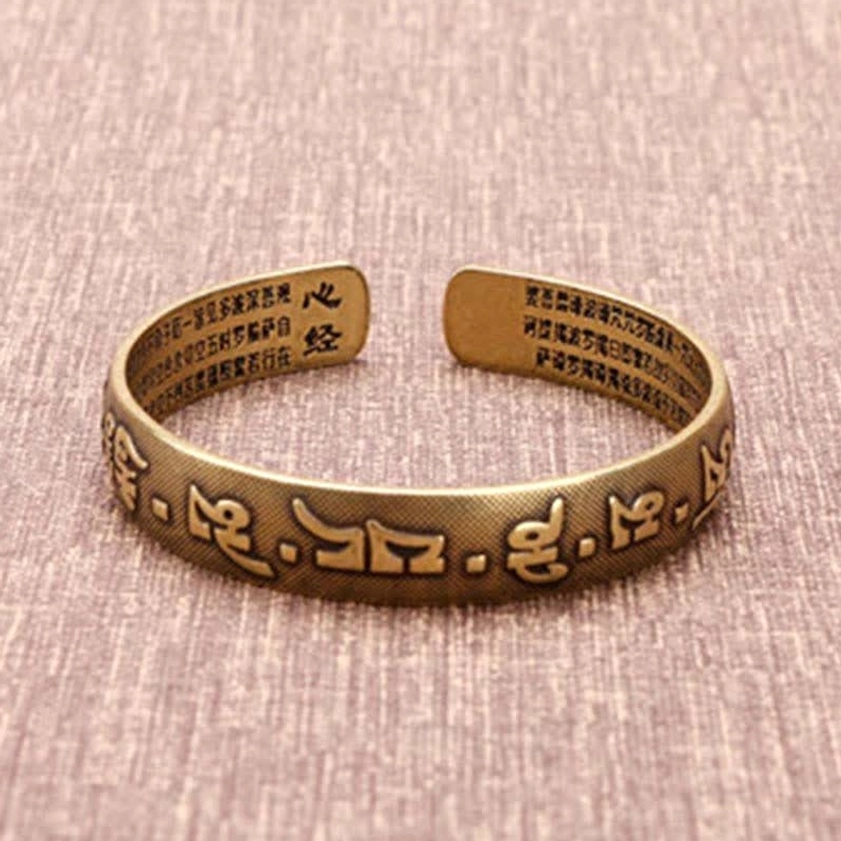 Buddhist dharma symbol engraved brass leather dual cuff bangle set