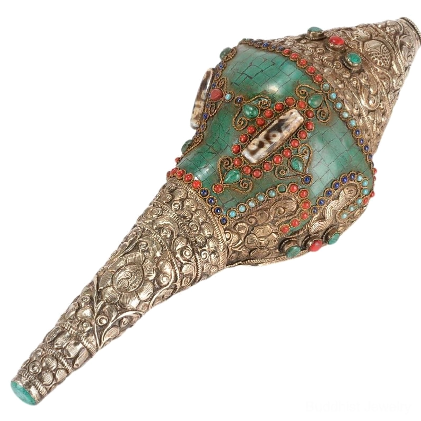 Buddhist Shankha conch shell decoration with double dorje symbol, handcrafted with natural conch and turquoise gemstone embellishment