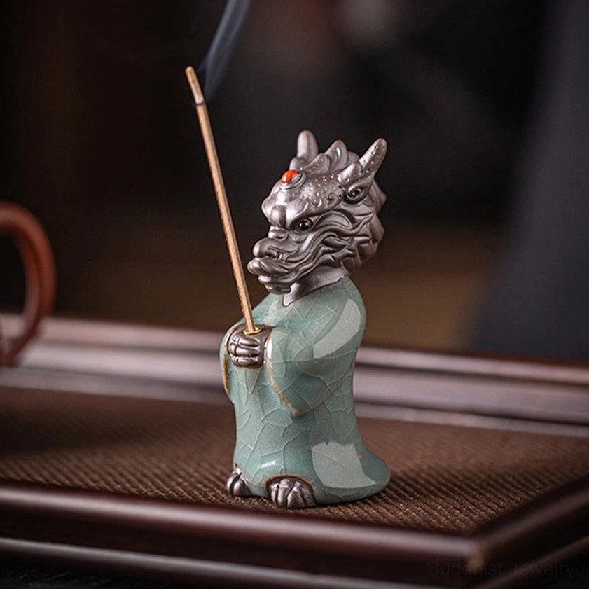 Buddhist meditation incense burner dragon figurine with protection symbolism and spiritual altar decoration