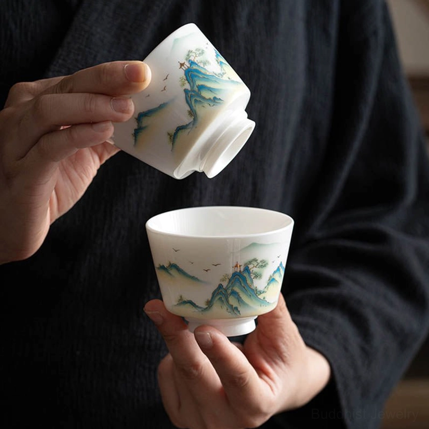 Authentic handcrafted Buddhist ceramic kung fu tea cup with elegant hand-painted design, ideal for Zen practice and meditation