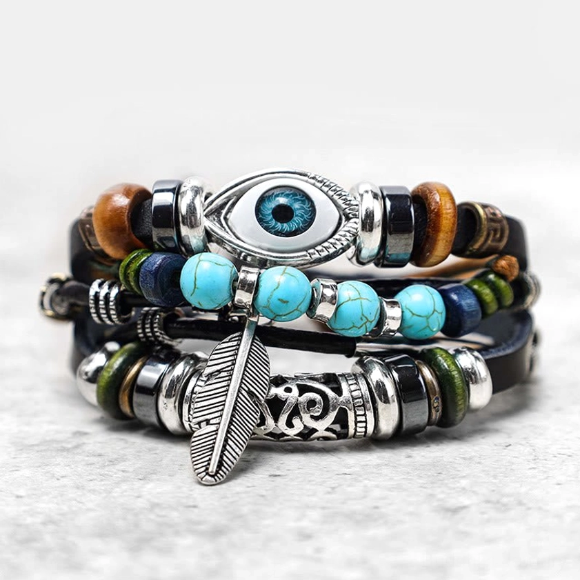 Evil Eye protection bracelet showing reversed charm placement and multi-layer strand design, left front view