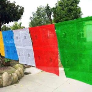Authentic Buddhist five-color prayer flags with Windhorse Lungta symbol hung in outdoor garden setting, showing traditional yellow white red blue green spiritual design