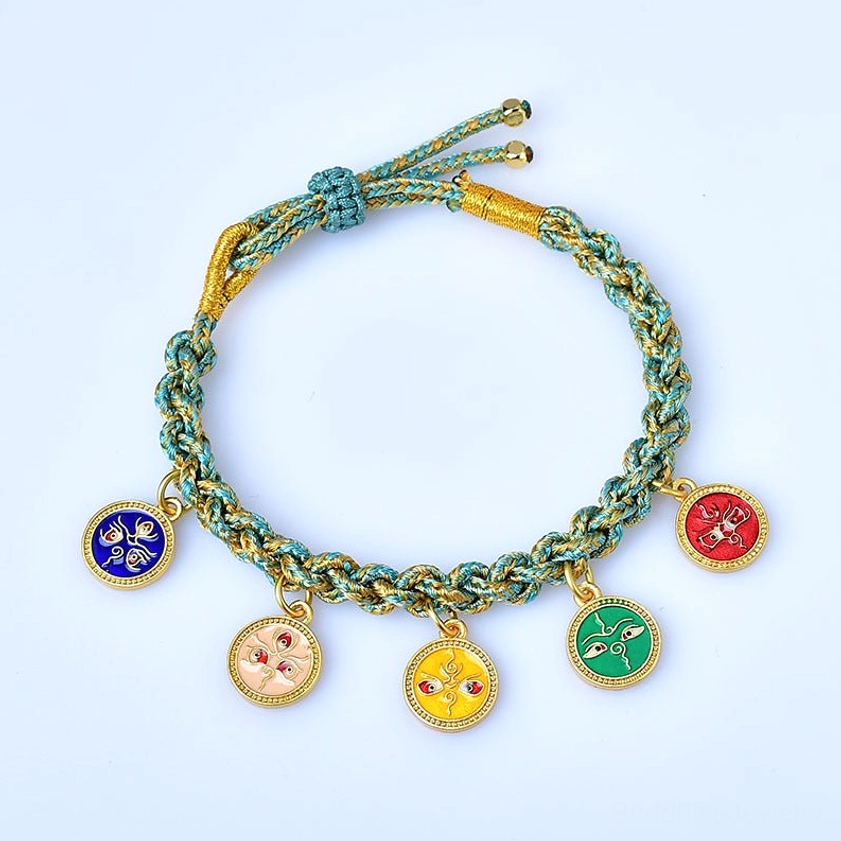 Handmade Buddhist prosperity bracelet with teal-yellow braided rope and five enamel wealth god charms on white background