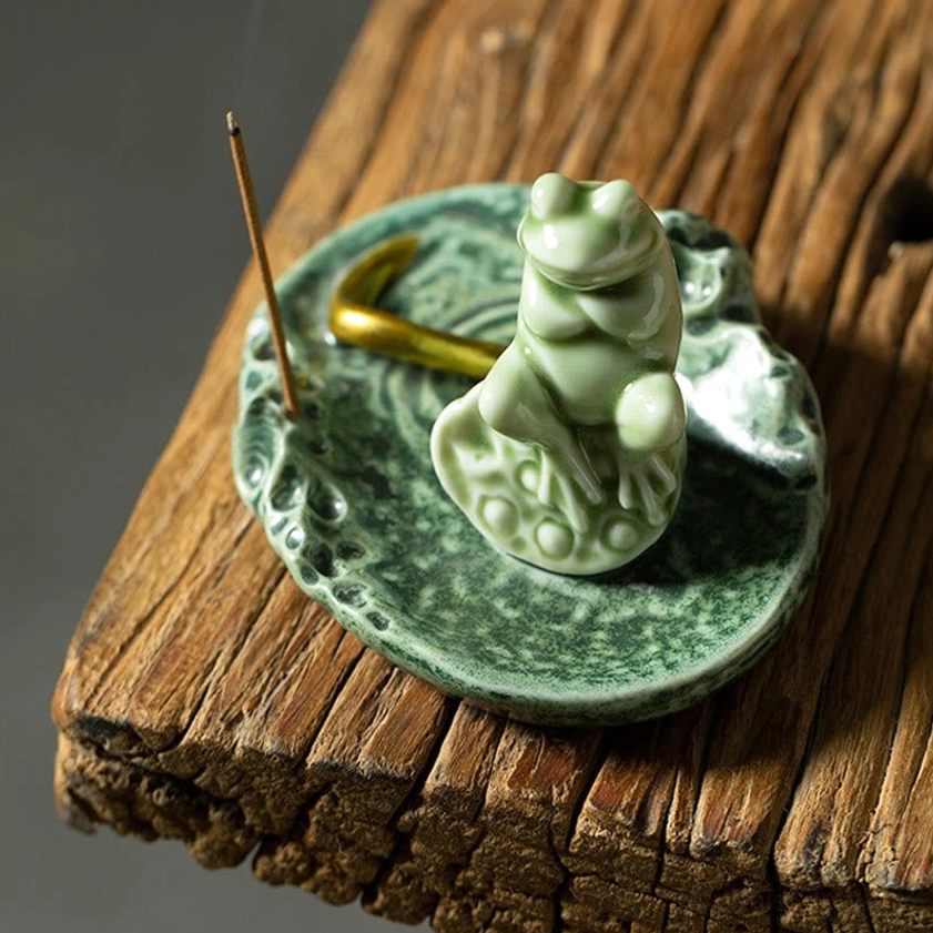 Buddhist frog burner handcrafted ceramic with lotus leaf design for mindfulness rituals