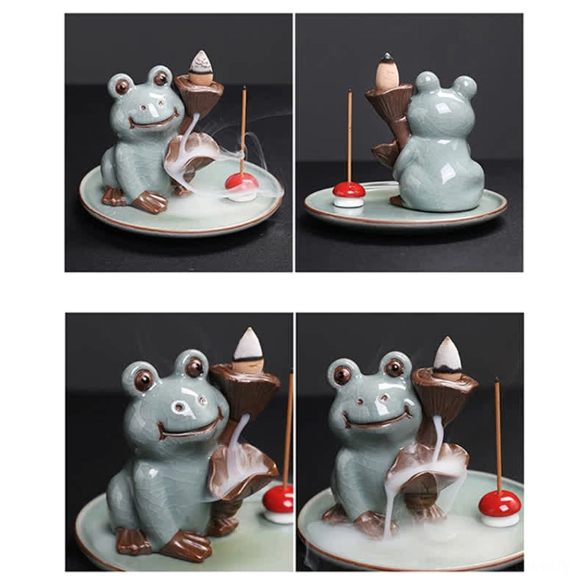 Complete Buddhist frog incense burner product showing functionality with backflow incense and meditation-focused design for spiritual practice