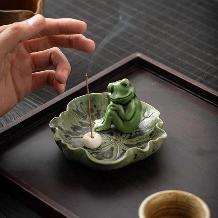 Handcrafted Buddhist frog ceramic incense tray for transformation and spiritual awakening