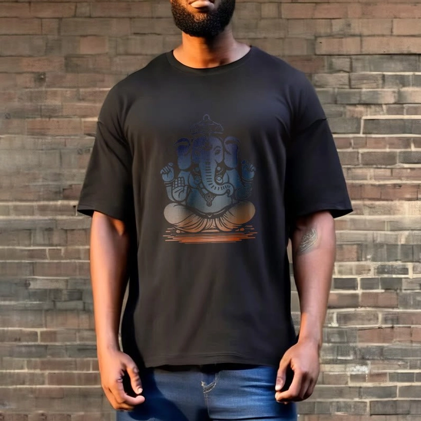 Ganesha printed black t-shirt street style - obstacle removal spiritual symbol